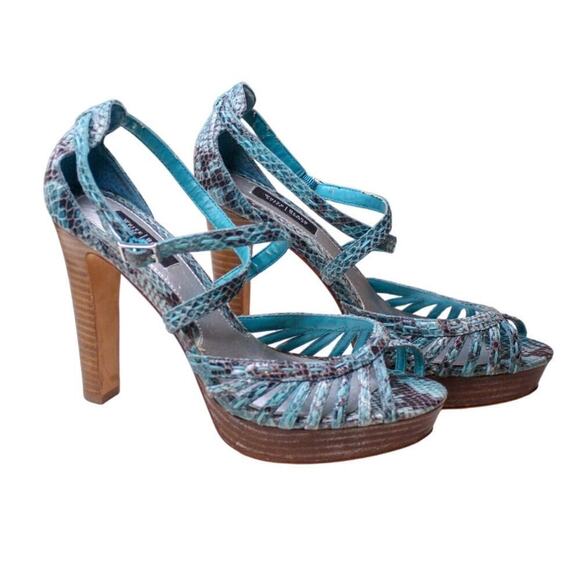 WHBM Blue Snake Print Leather Strappy Platform Sandals Y2K Going Out 8 - Picture 3 of 6